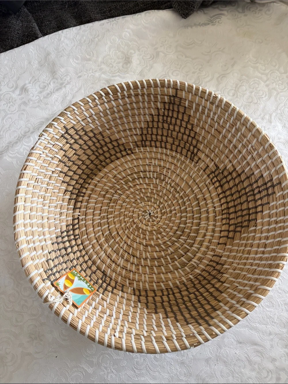 Natural Woven Basket Bowl - Tan, white & gray